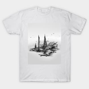 Overgrown island in the mist in the middle of the water T-Shirt